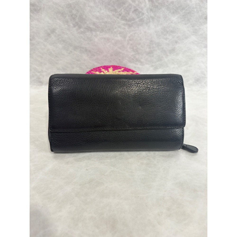 Wilsons Leather Pelle Studio Black Pebbled Leather Trifold Wallet‎ Zip Pocket